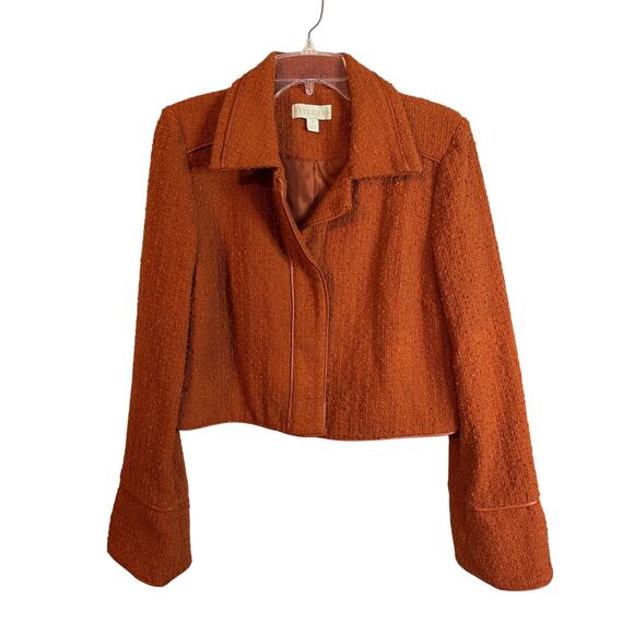 Rye Grass Tweed W/Faux Leather Trim Blazer Rust Bell Sleeves M - Picture 1 of 5